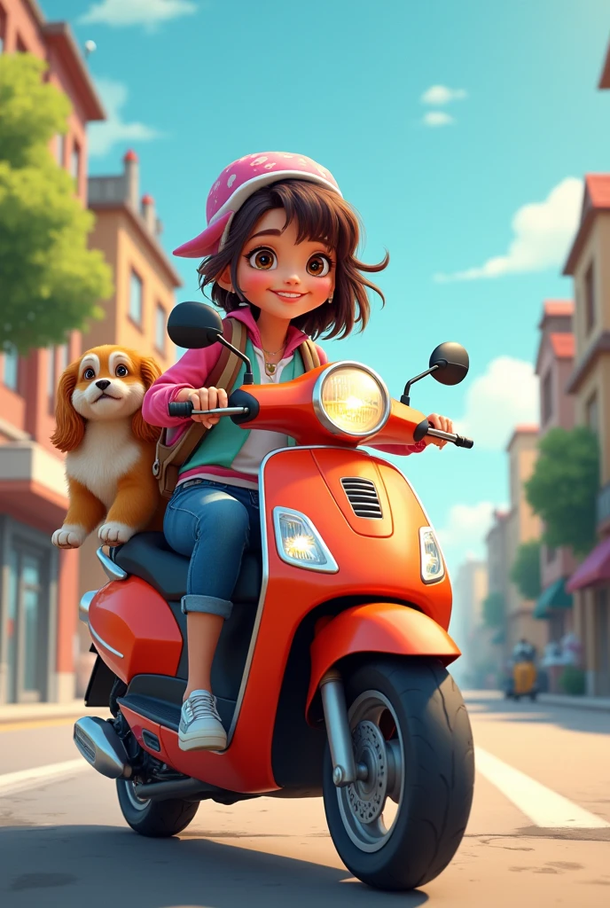 A  girl drive the cycle with her pet