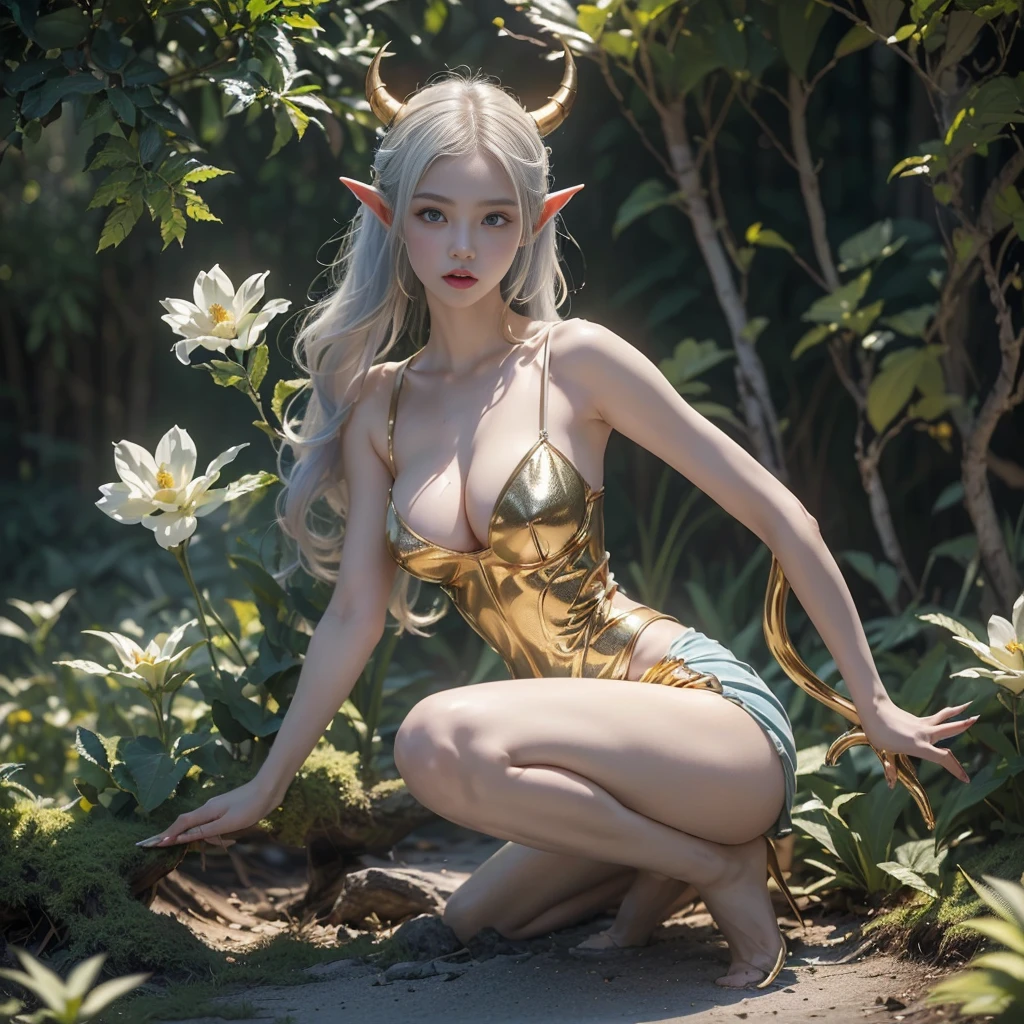 (best quality, 64k, Masterpiece, "Create a delicate sculpture and a beautiful surreal artwork of a sexy female character with a mysterious and supernatural appearance. This character has pale marble skin, blue veins and gold specks all over her body. She is kneeling in contemplation, with large, twisted, rainbow-colored horns sprouting from her head. Her hair is a wavy white, partially covering her elf-like ears. She appears to have long limbs and golden claw-like nails, giving her a sense of both wonder and beauty. Golden spherical elements float around her, adding to the atmosphere of mystery and elegance. Flowers, usually mostly green debris, the intensity of the super realistic 3D HD movie Ultra Movie 65k is realistic., Overall, this image should convey a sense of fascination and beauty mixed with a sense of fantasy happiness."