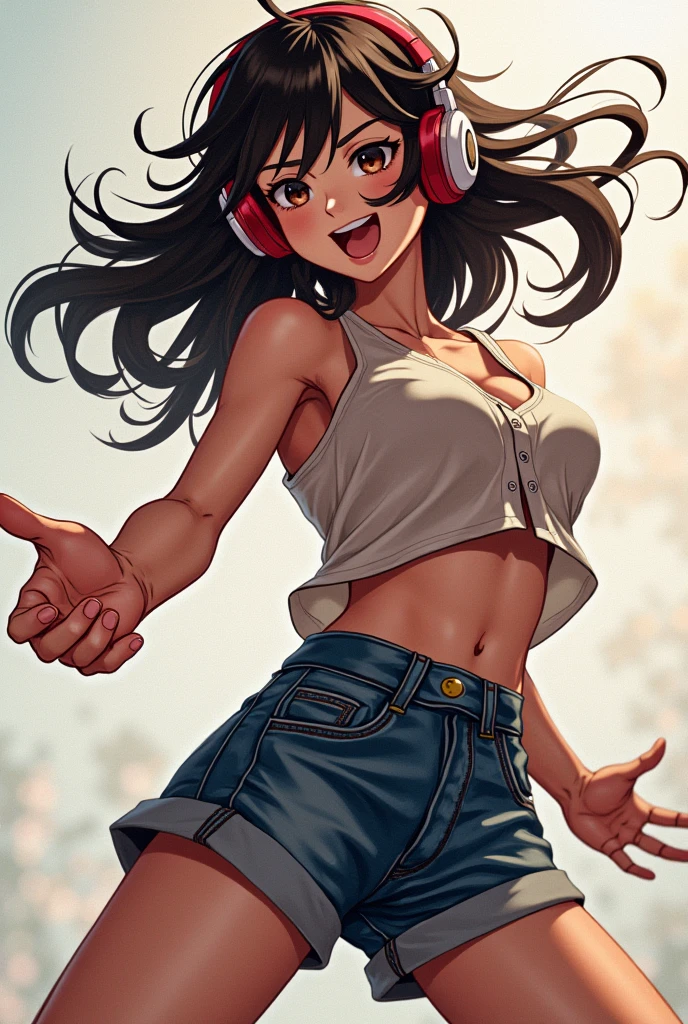 A manga girl character with dark brown hair, acting, wearing headphones