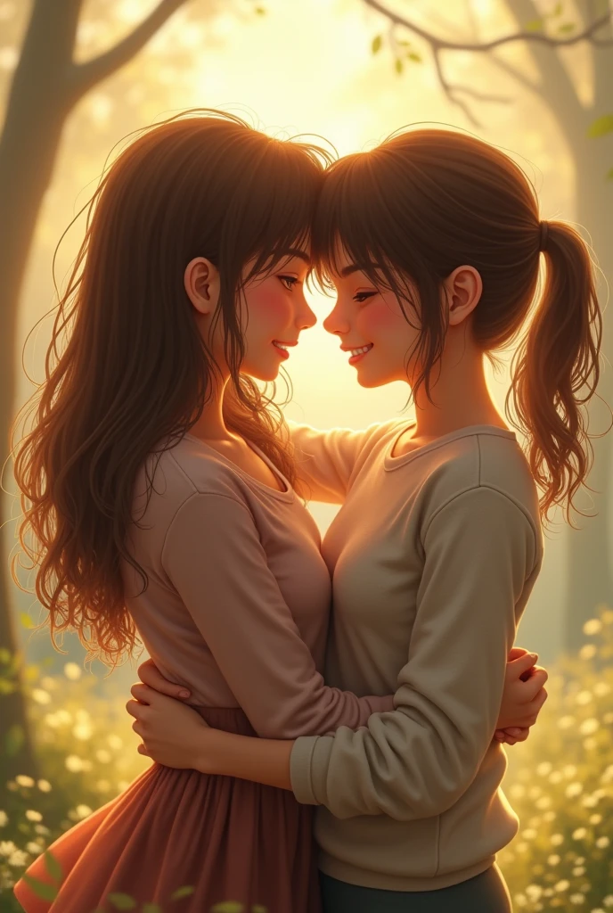 Two friends hugging each other from behind