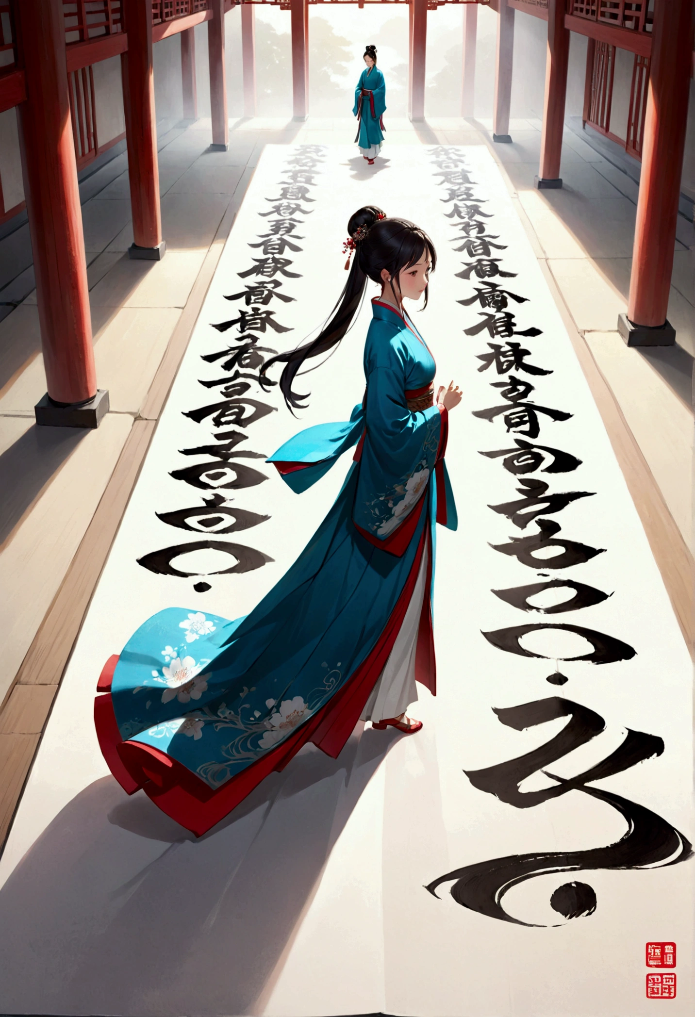 A miniature figure of an ancient Chinese Ancient style beauty wearing traditional Hanfu , walking on a white paper covered in minimalist calligraphy. Calligraphy is written around him, and the background adopts Japanese writing style. The high angle perspective and perspective composition create a strong sense of three dimensionality. The sunlight shines in from above, casting warm shadows on it. The cool tones and soft lighting create a peaceful atmosphere. This scene was shot in close-up with a macro lens to highlight details --ar 3:4 --stylize 750