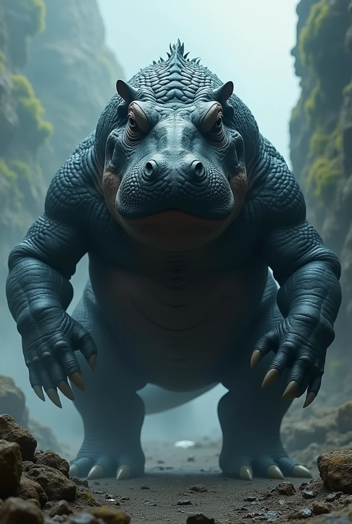 Fusion of a komodo dragon, blue whale, and hippopotamus with black, fat hair and large eyebrows.