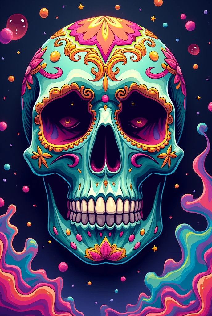mexican skull cannabis style, 420 artwork, retro psychedelic weed illustration, liquid, psychedelic artwork, in illustration style digital, extremely high quality artwork, estilo de arte impressionante, arte do Adobe Illustrator, visionary art style, psychedelic acid trip, estilo de arte vetorial, Psychedelic style nano-infused Vibrant colors, swirling patterns, abstract forms, surreal, trippy fluid
