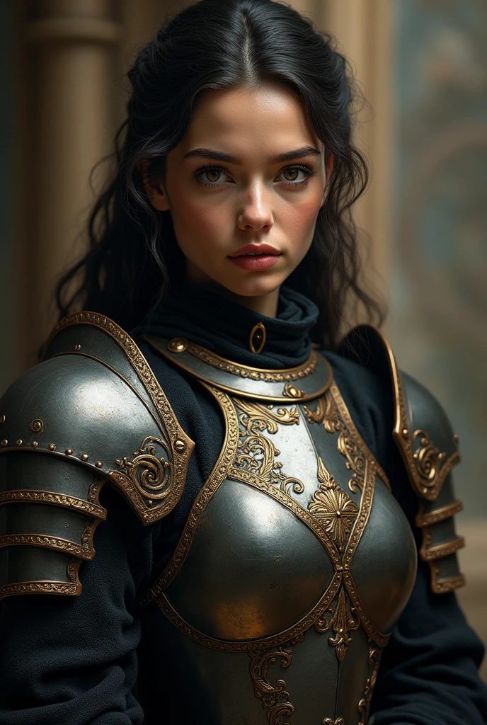 iu1, serious look, modelshoot style, (extremely detailed CG unity 8k wallpaper), full shot body photo of the most beautiful artwork in the world, medieval armor, professional majestic oil painting by Ed Blinkey, Atey Ghailan, Studio Ghibli, by Jeremy Mann, Greg Manchess, Antonio Moro, trending on ArtStation, trending on CGSociety, Intricate, High Detail, Sharp focus, dramatic, photorealistic painting art by midjourney and greg rutkowski, beautify face,