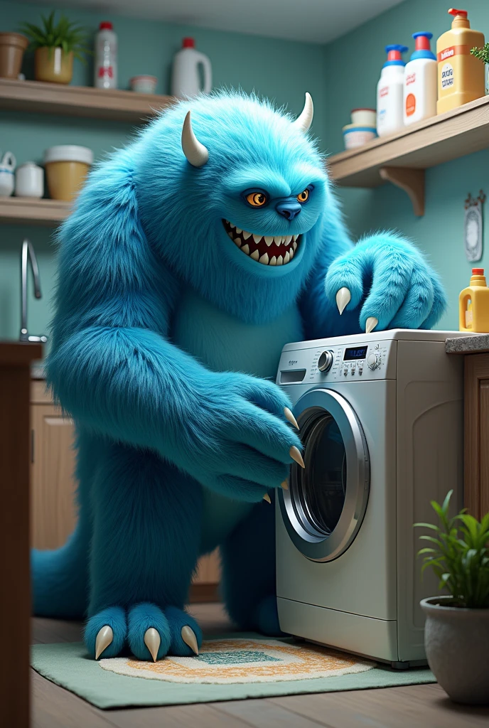The blue-furred monster mixed the washing machine.