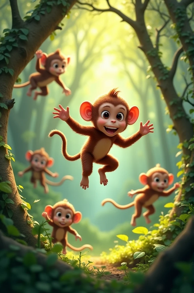 The little monkey is playing with his friends in the forest.