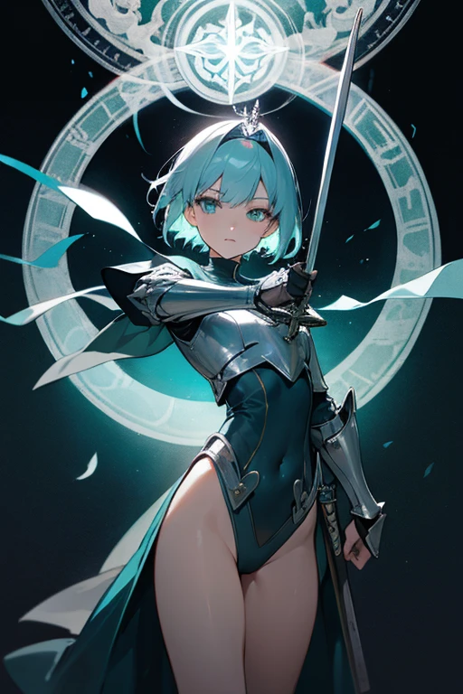 masterpiece, Highest quality, Very detailed, High resolution, (Ink painting style), Excellent anatomy, One beautiful woman, Normal body, 8k, Detailed face, Ultra-precision, Light-colored hair, Silver Turquoise Hair, short hair, Shortcuts, Medium chest, Beautiful body, Brave, Brave princess knight, Amused look, Watery eyes, Legendary Sword, Sword of Light, Dragon Sword, Sword and Magic Circle, Magic Sword, Great Magic of Light, Giant Magic Circle, Shiny Tiara, Silver Breastplate, knight armor, Dress Armor, metal armor, Armor Skirt, Silver Leotards, Navel Leotard, Green Zone, Silver Half Cloak, evil eye, Blue and Crimson Odd Eyes, Heart Mark in Eyes, Demon King&#39;s Castle, Evil Cave, Swinging the Sword, In combat, The best light, Best Shadow, mysterious, Perfect Face, Very detailed,