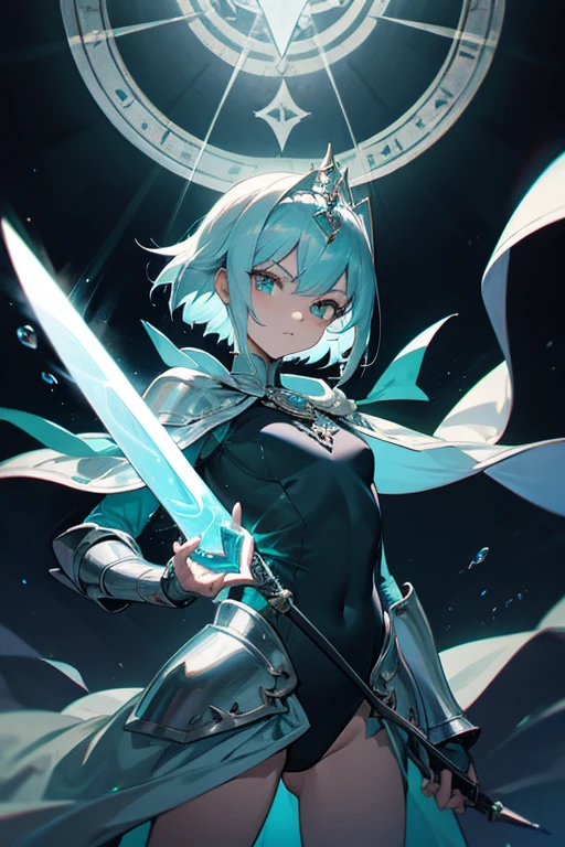 masterpiece, Highest quality, Very detailed, High resolution, (Ink painting style), Excellent anatomy, One beautiful woman, Normal body, 8k, Detailed face, Ultra-precision, Light-colored hair, Silver Turquoise Hair, short hair, Shortcuts, Medium chest, Beautiful body, Brave, Brave princess knight, Amused look, Watery eyes, Legendary Sword, Sword of Light, Dragon Sword, Sword and Magic Circle, Magic Sword, Great Magic of Light, Giant Magic Circle, Shiny Tiara, Silver Breastplate, knight armor, Dress Armor, metal armor, Armor Skirt, Silver Leotards, Navel Leotard, Green Zone, Silver Half Cloak, evil eye, Blue and Crimson Odd Eyes, Heart Mark in Eyes, Demon King's Castle, Evil Cave, Swinging the Sword, In combat, The best light, Best Shadow, mysterious, Perfect Face, Very detailed,