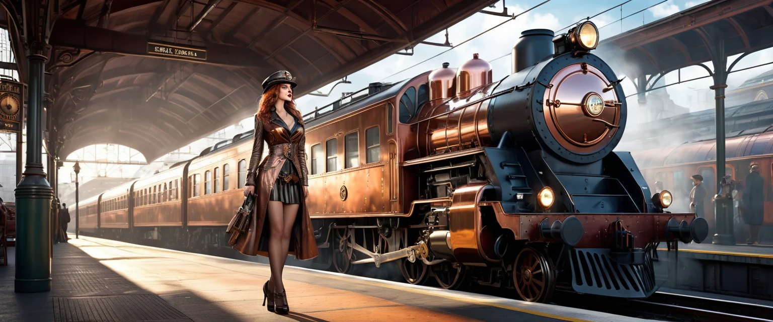 Fifties shiny copper colored, train steam punk, ((Beautiful sexy woman standing on the station platform,)) The beautiful, City, concept-art, Draw one, Fantastical, 4K, hyper HD, high high quality, hot topics at at station headquarters, 8k ultra high definition, Studio quality, ultra real photo, max detail, massive scale, Post-processing, current, photo-realism, Photoshop, photography, Ray tracing, Rendered by Octane