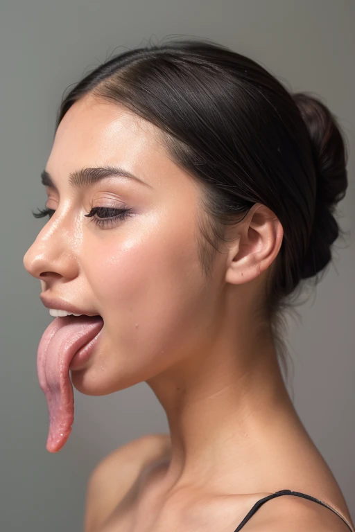 Taylor Hill、High resolution realistic photos,8k,Realistic skin texture,to be born々New People々々々々々,1 person,Tabletop,,Awards - Winning Photos, Very detailed, close your eyes, Nose and mouth,Face Focus, Extreme close up of face、口を開けてclose your eyesいる女性, Black camisole、20-year-old,Black-haired、Symmetrical face,Realistic nostrils、Angle from below、Elongated C-shaped nostrils,((Gray background))、Sweaty skin、汗でGlowing Skinを強調する照明、((Sharp Nose))Skin shiny with sweat、Glowing Skin、Sweaty hair、sunlight、(Brow wrinkles)((Frowning))(Cum on tongue)、Deep Kiss、((Thin eyebrows))((Oily skin、Glowing Skin))、double eyelid、Wet and shiny tongue、Tied Hair、Updo、Lift your head(((Long Tongue, Saliva trace)))((Super wet skin))((nasal septumの見えるprofile,nasal septum,profile))
