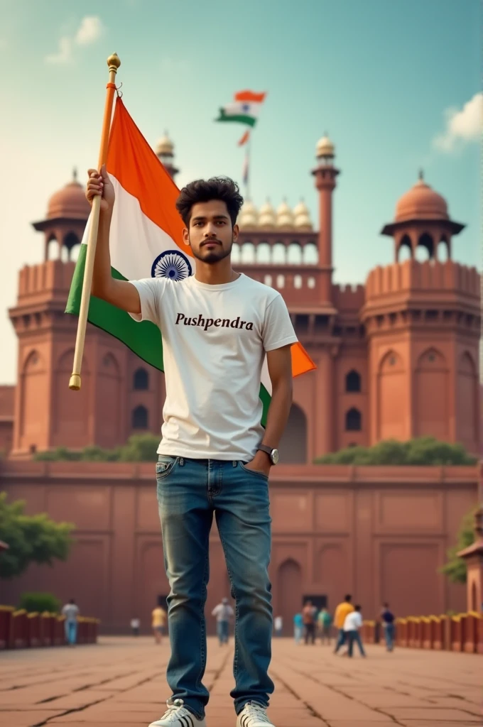 And yha hai aapka Prompt -
For 15 Aug -
A real 24 years old boy, Wearing White T shirt blue jeans sneakers and the name "pushpendra" is written on his t-shirt and the boy is standing on the road with holding a national flag of India, and behind him is the Red Fort Delhi. And written on sky "Independence Day" Create Realistic image high qualityv