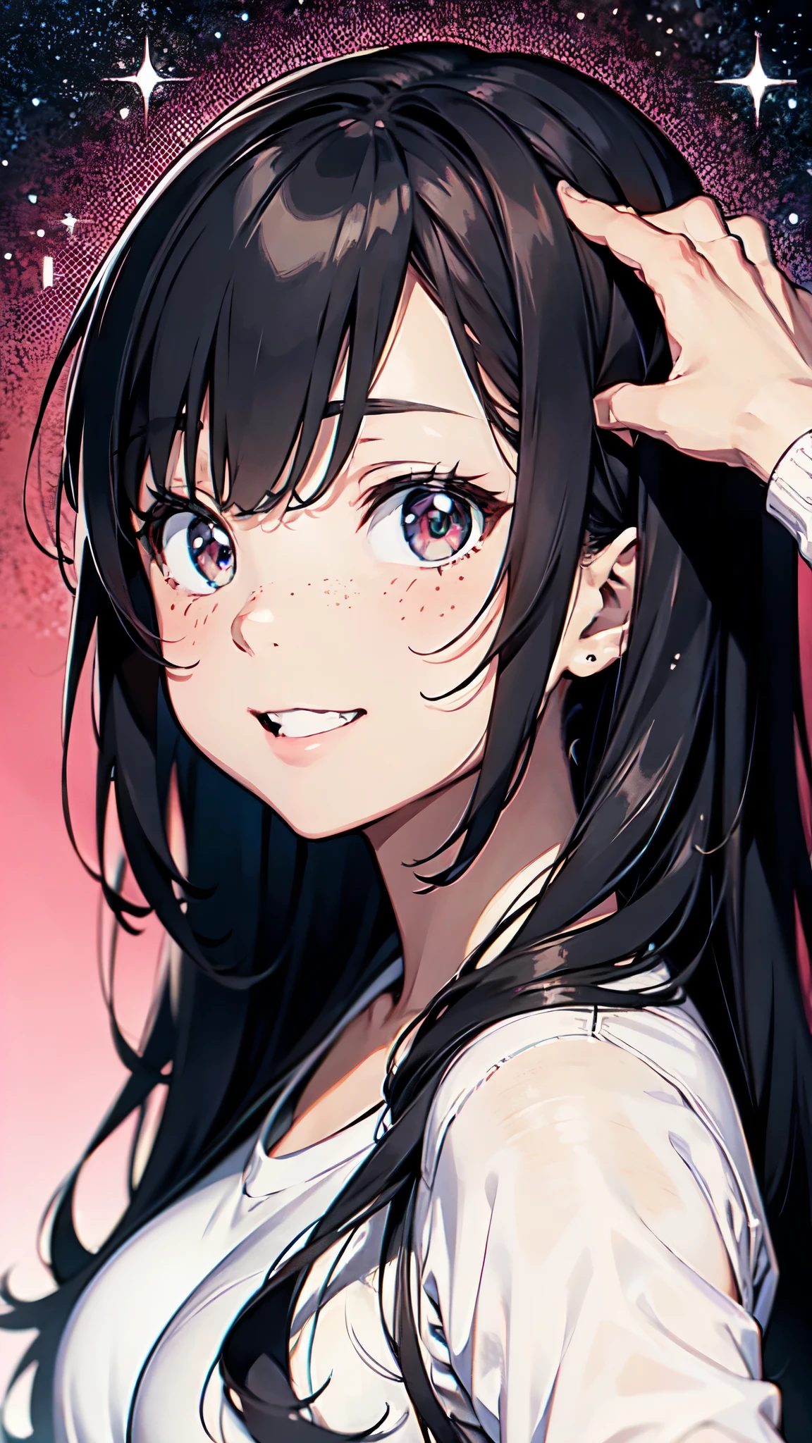 masterpiece, best quality, {best quality}, {{masterpiece}}, {highres}, focus, anime style, a closeup of a cartoon of a woman, girl design, portrait, giesha, anime image, long hair, black hair, straight eyes, hair covering ears, happy, polished and powerful look, exotic, tall, freckles, smiling, chic, colorful, colors