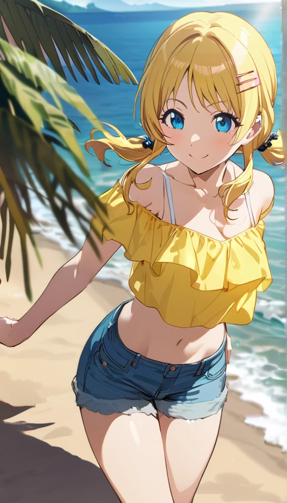 (masterpiece),(Highest quality),(Very detailed),(Best illustrations),(Best Shadow),(Absurd),(Detailed Background),(so beautiful), 
the idolm@ster shiny colors,
Anime style,
Hachimiya Meguru,
one person&#39;s, alone,
blonde, hair ornaments, Twin tails, Hair Clip, Long Hair, 
smile, Blue Eyes, Beautiful eyes down to the last detail,
chest,
Yellow swimsuit, White T-shirt over swimsuit, Short denim pants, Denim is leg length,
whole body, 
Ocean, Ocean辺, Sandy Beach,
noon, sunlight, cloud, Background Blur, 