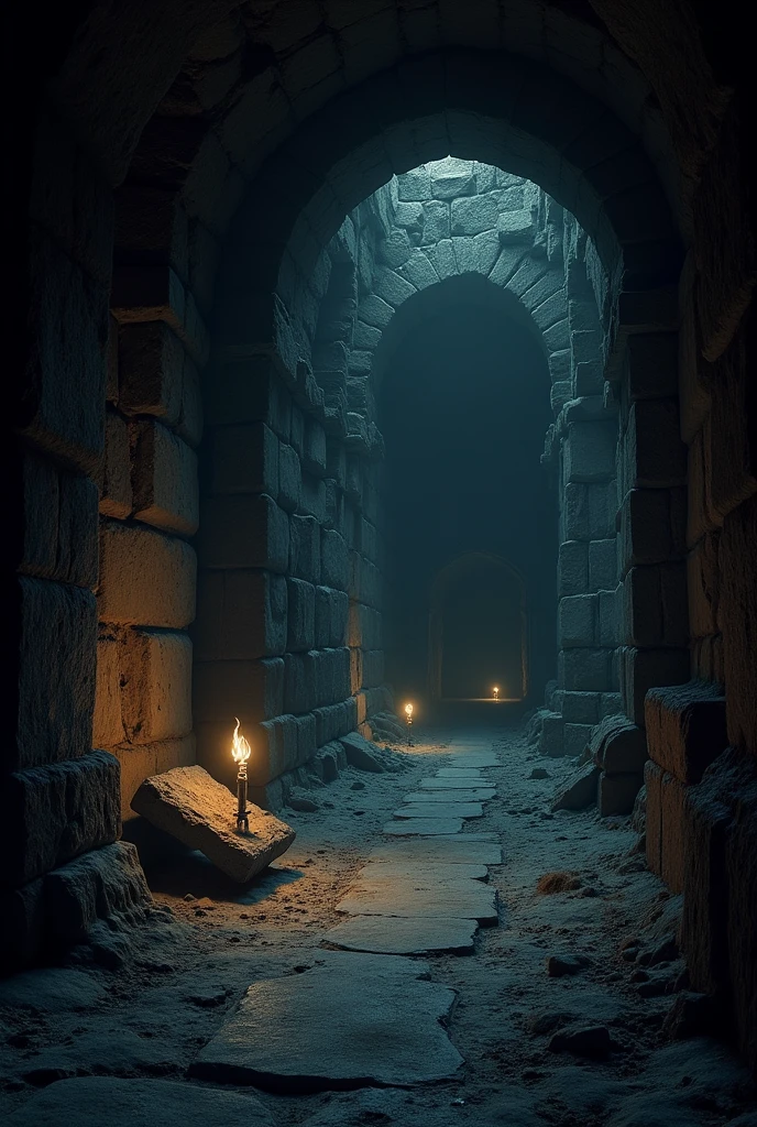 dark catacomb with no one , dark with torches