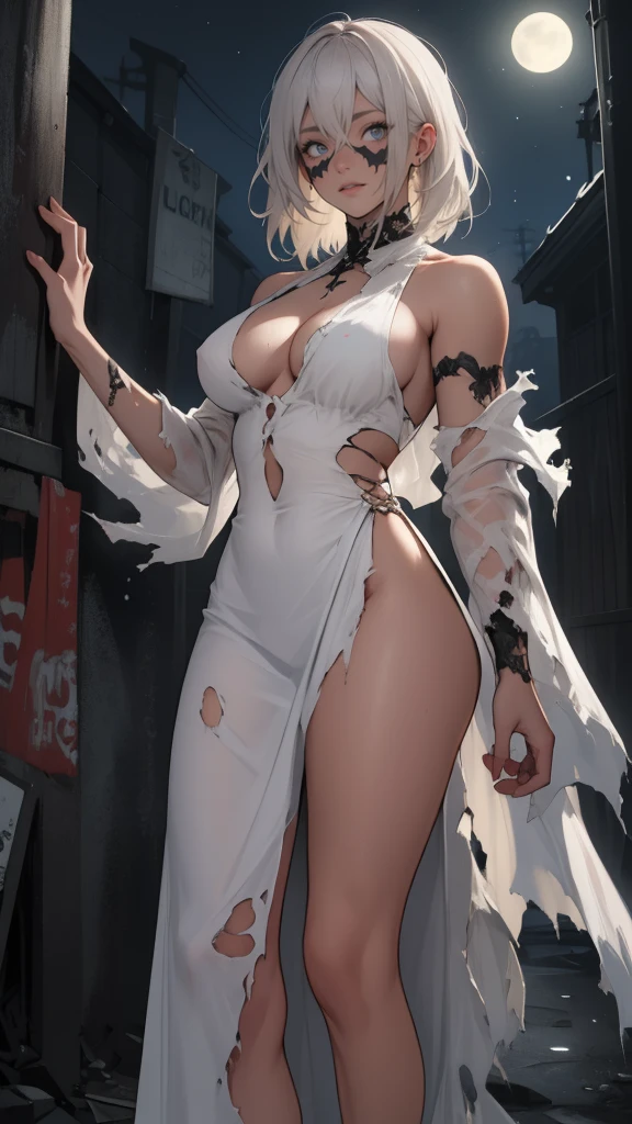 zombie's, undead , undead girl , shorth hair , long ripped dress , undead girl , all-body , undead , Long white ripped dress , Long and wide dress , breasts big, Shroud, at night , torn dress , undead features , sexual body , Mystery , look at spectator, She stands directly in front of the viewer., with hands down