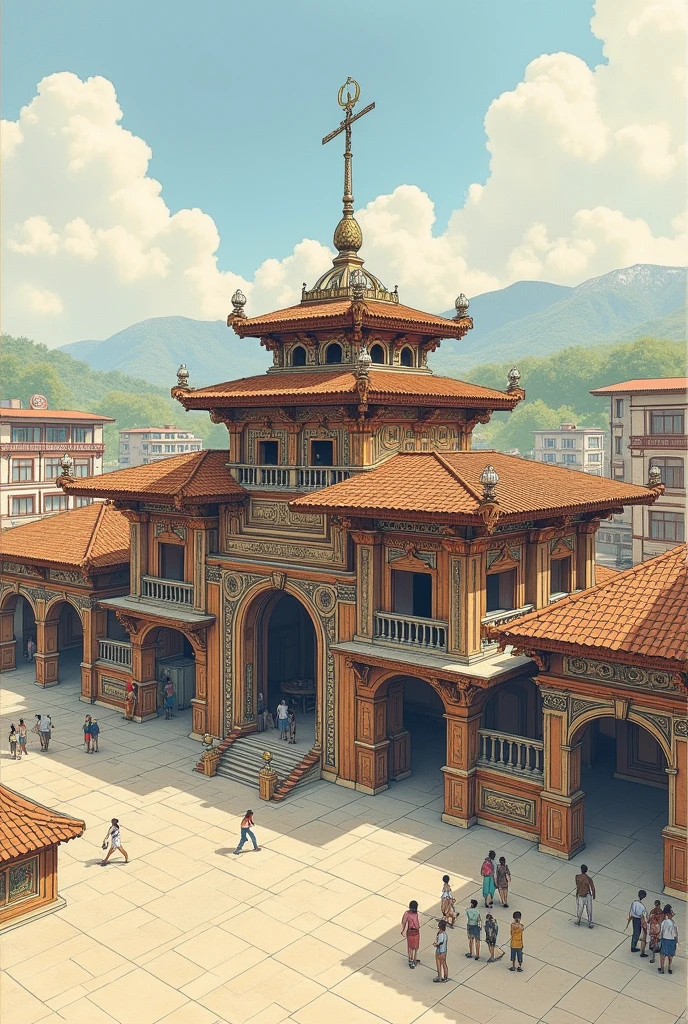 Create an architectural drawing of the Ver-o-Peso Market located in the capital of the state of Pará (Bethlehem) in Brazil with Marajó paintings and iconography
