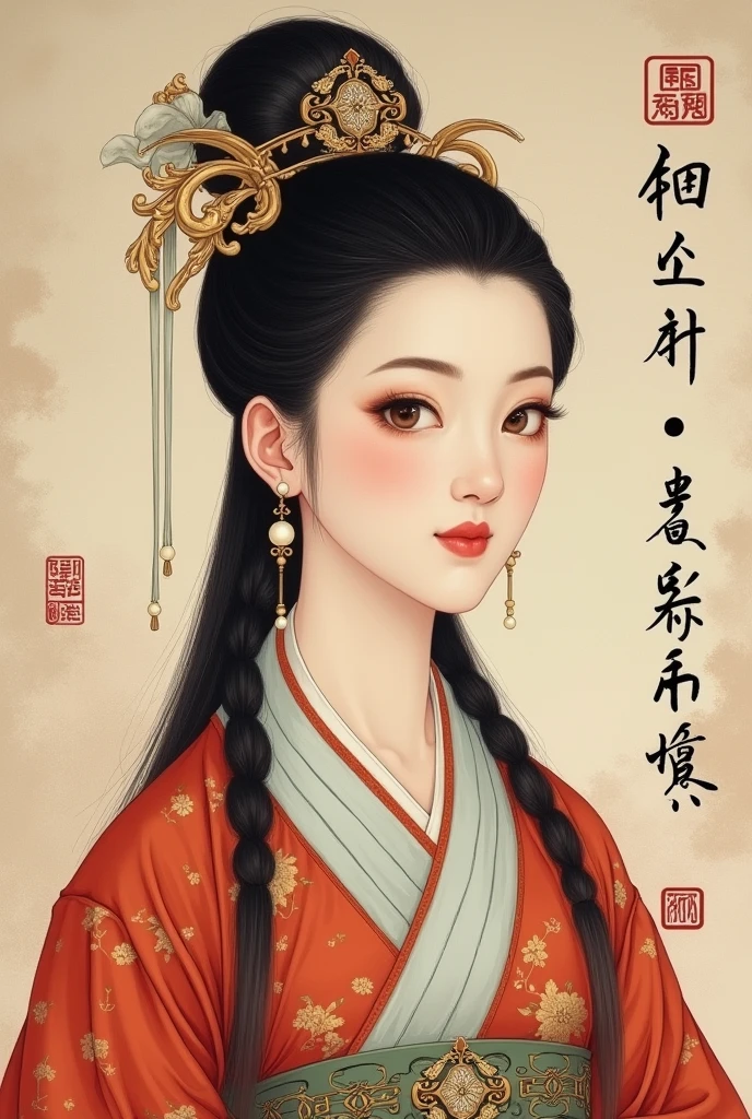 Ancient Chinese painting, a portrait of an ancient woman with hair up in two braids wearing pearl earrings, a colored lead painting depicting Tang Dynasty costumes and featuring the character from head to toe with meticulous depictions of facial expressions and postures against a light brown background in the style of Song Huizong, with meticulous brushwork in the style of Song foxes in . --ar 3:4