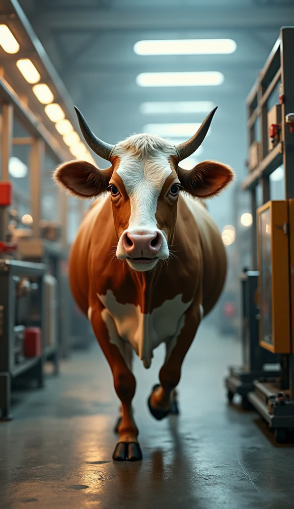 A dynamic shot of the cow multitasking in the factory, handling multiple tasks with ease.