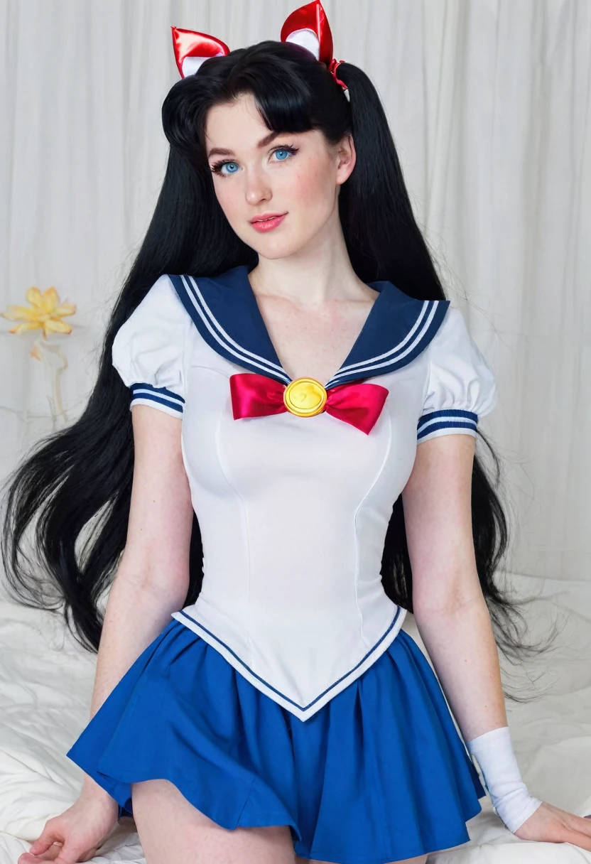 Caucasian woman 1.75 tall, light blue eyes, long black hair, pale skin and freckles, double E breasts, big butt. She is dressed as a sailor moon.