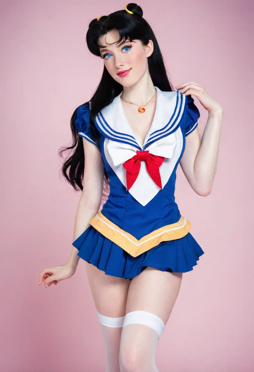 Caucasian woman 1.75 tall, light blue eyes, long black hair, pale skin and freckles, double E breasts, big butt. She is dressed as a sailor moon.