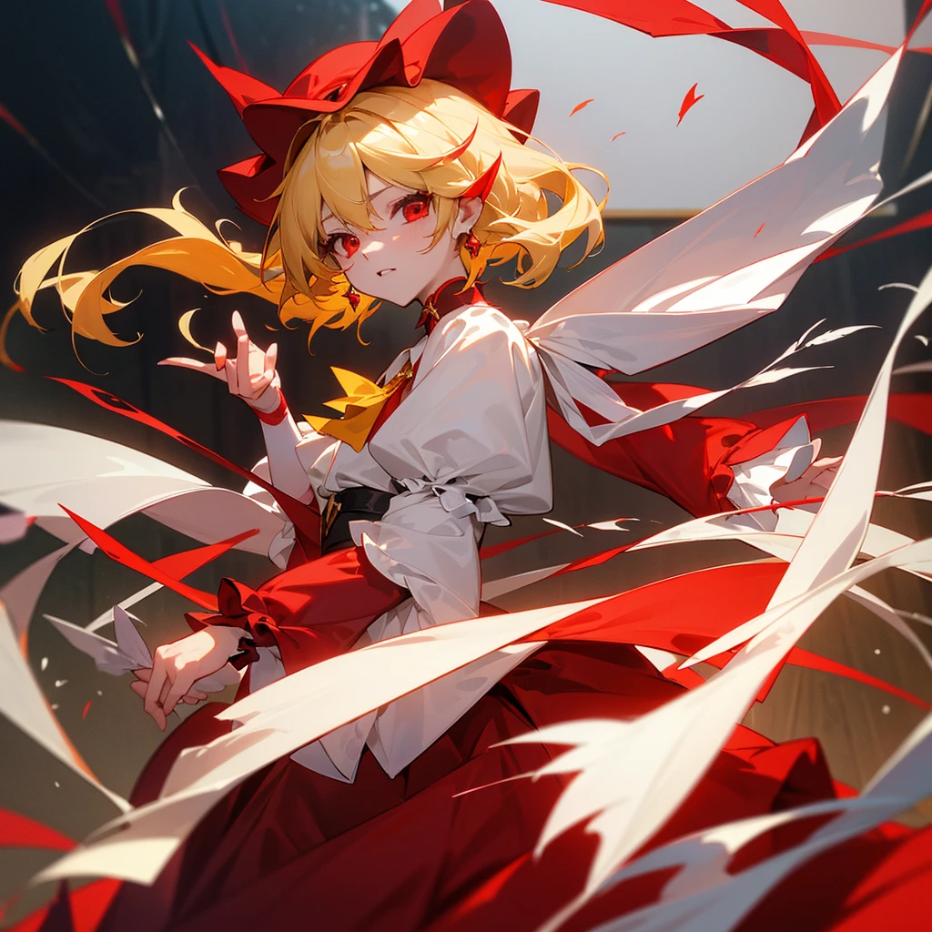 masterpiece、Highest quality、Very detailed、８Ｋ、One Vampire Girl、Oriental Project、Flandre．scarlet、Delicate and fine skin、Yellow Hair、Red Eyes、大きめな胸
、Sleeves from the shoulders、The collar around the neck is white.、Others are wearing red blouses、Yellow ribbon at chest、White ribbon on waist、Red Skirt、Wearing a white nightcap with a red ribbon、Branch-like feathers with diamond-shaped jewels、Red Mansion、ティディベアを持っている