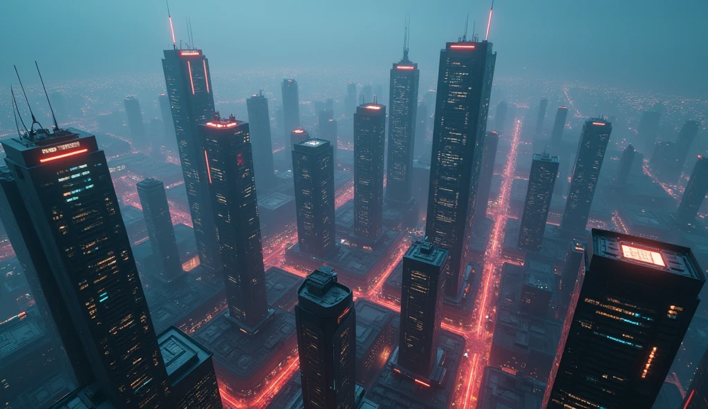 cyberpunk cityscape, aerial view from highest skyscraper, neon lights, futuristic architecture, glowing windows, hazy atmosphere, rain or mist, dynamic camera angle, cinematic lighting, hyper detailed, 8k, photorealistic, ray tracing, volumetric lighting, vibrant colors, moody tones