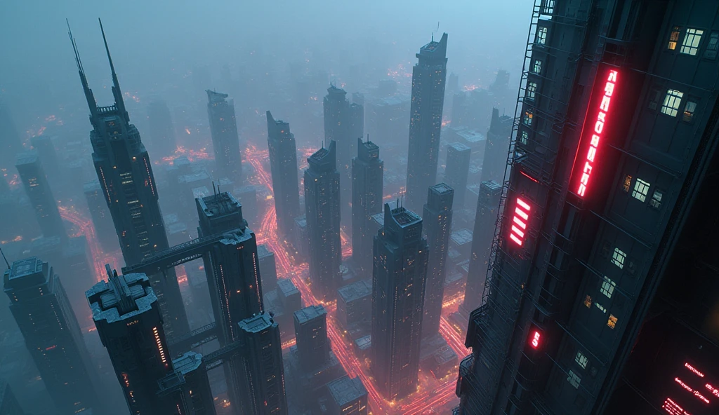 cyberpunk cityscape, aerial view from highest skyscraper, neon lights, futuristic architecture, glowing windows, hazy atmosphere, rain or mist, dynamic camera angle, cinematic lighting, hyper detailed, 8k, photorealistic, ray tracing, volumetric lighting, vibrant colors, moody tones
