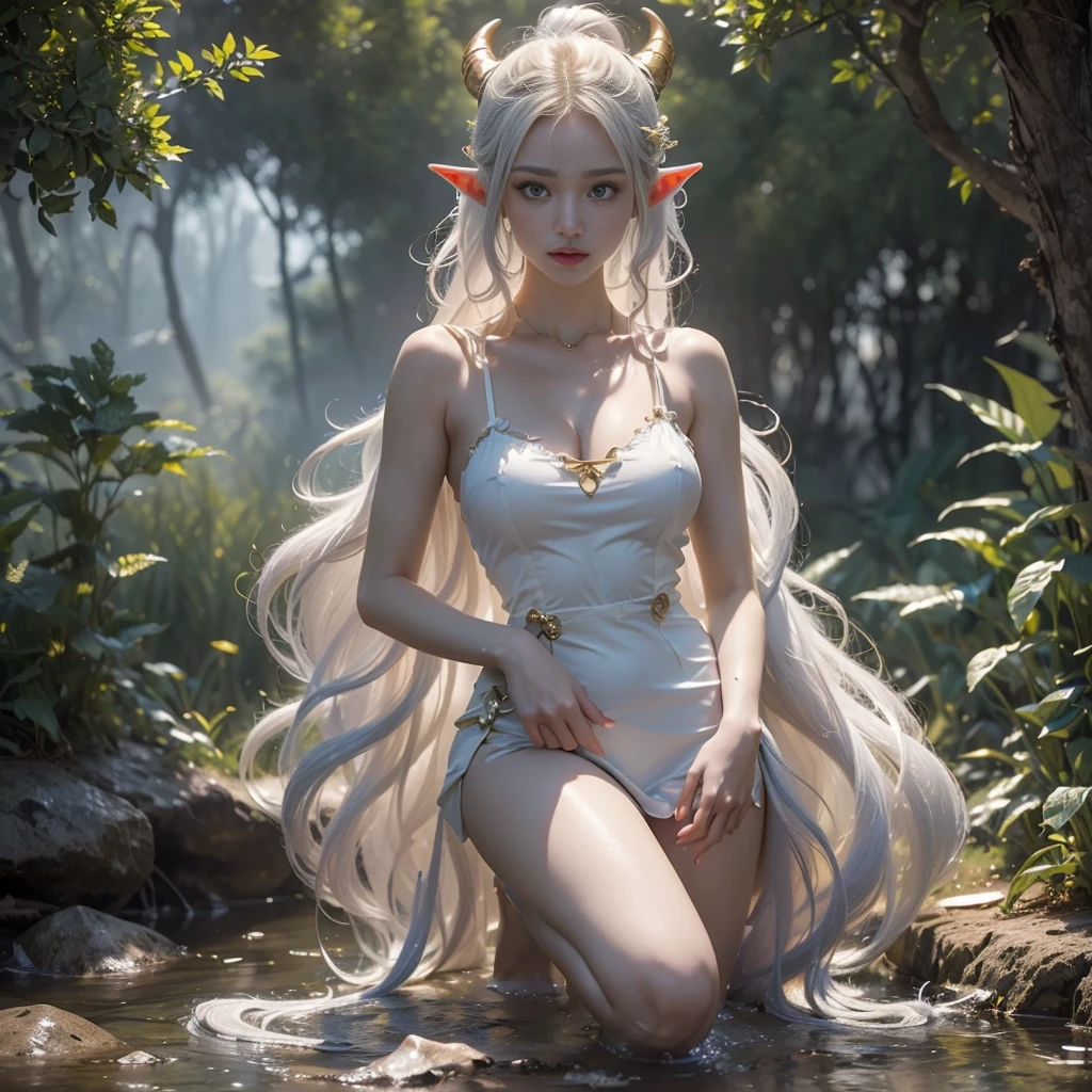 (best quality, 64k, Masterpiece, "Create a delicate sculpture and a beautiful surreal artwork of a sexy female character with a mysterious and supernatural appearance. This character has pale marble skin, blue veins and gold specks all over her body. She is kneeling in contemplation, with large, twisted, rainbow-colored horns sprouting from her head. Her hair is a wavy white, partially covering her elf-like ears. She appears to have long limbs and golden claw-like nails, giving her a sense of both wonder and beauty. Golden spherical elements float around her, adding to the atmosphere of mystery and elegance. Flowers, usually mostly green debris, the intensity of the super realistic 3D HD movie Ultra Movie 65k is realistic., Overall, this image should convey a sense of fascination and beauty mixed with a sense of fantasy happiness."