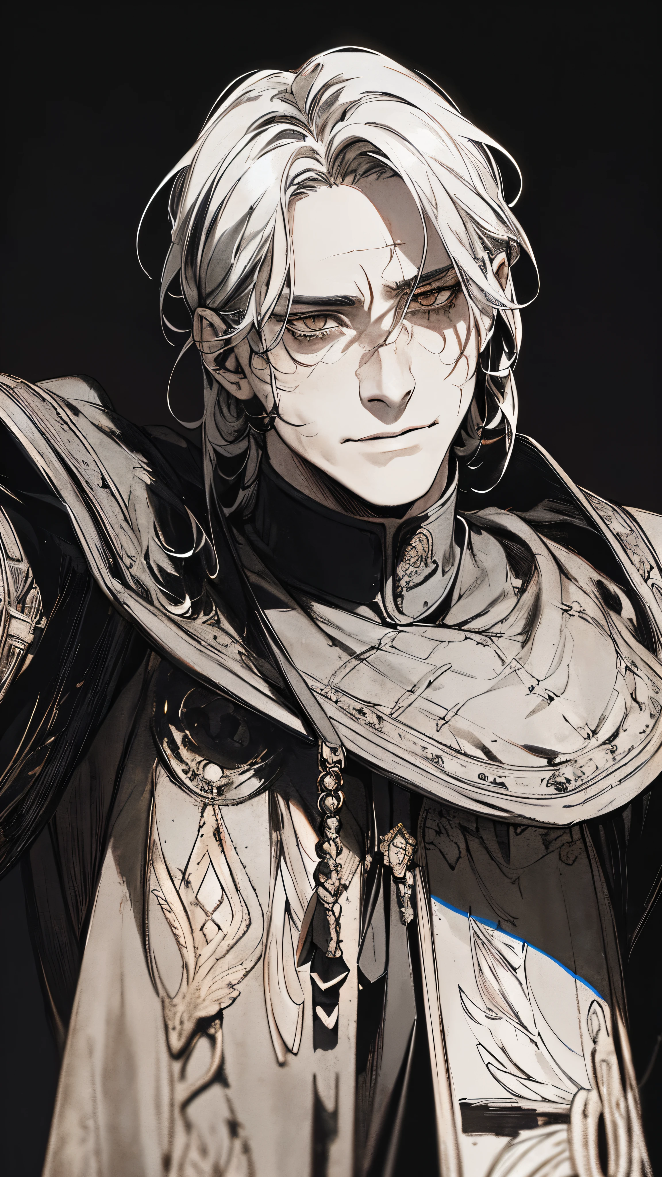 Highest quality, (background_detailed), expensive_Contrast, detailed_original_figure, Warrior, Muscular, Villain Face, Armor, full_body, Medieval, Wrinkles between the eyes, Young people, 20-year-old male, dark_stitch_landscape, (dramatic_Lighting:1. 25), (Shaded_background:1.2), black_hair, (short black hair:) 1.1 ), Big numbers, Delicate face, Wicked Smile, Sharp eyes, Black background, (Black background:1.5), Beautiful line art, 白black