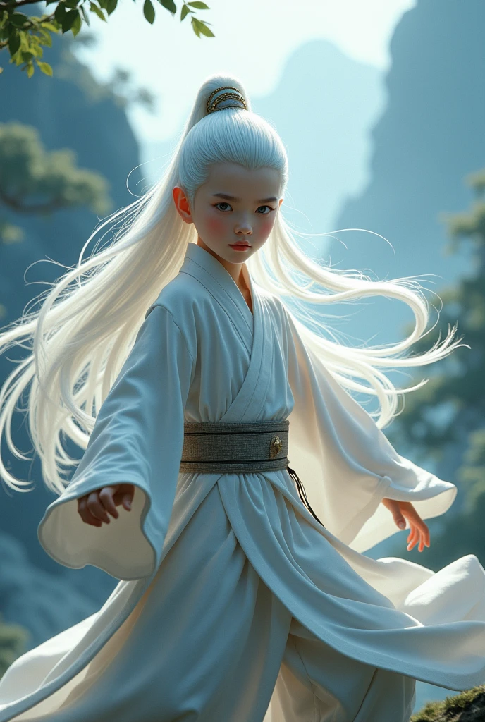 Fl a boy with long white hair in kunfu dress