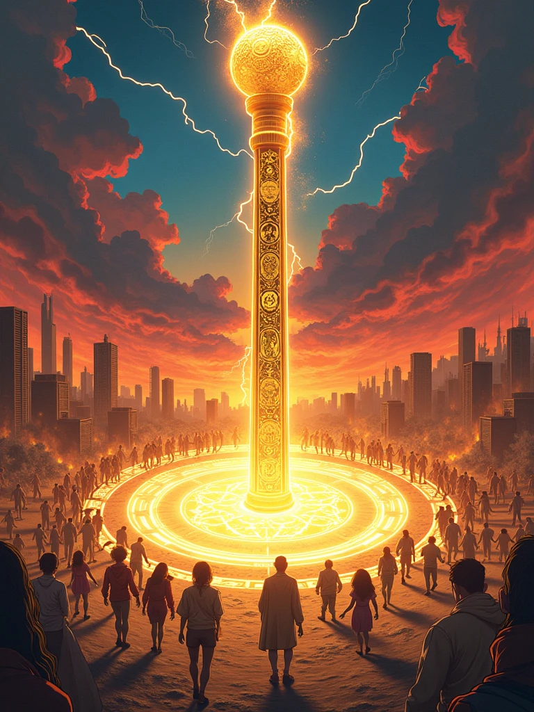 (Best quality,8k,high resolution,masterpiece:1.2),Ultra Detail,(A giant golden iron rod,Intricate runes are engraved on it.,Standing quietly in the magic circle),(From a satellite perspective:1.5),Brightly colored clouds resemble a rainbow,With lightning,Mysterious energy emanates from the staff,Complex mysterious symbols on the ground,Breathtaking majestic atmosphere,Clear focus,Physically Based Rendering,Extremely detailed description,Concept Art,Mysterious landscape,Vibrant colors,Dramatic lighting,Science Fiction,Fantasy Art,The surrounding scene was a scene of chaos and flames,The building was destroyed by fire。((The frightened little people,Including white people、african man、Hispanic、South Asians,They all fled in terror,Pure fear written all over his face))。This work is rendered in traditional line art,Reminiscent of anime before 1912,Filled with bright and bold colors