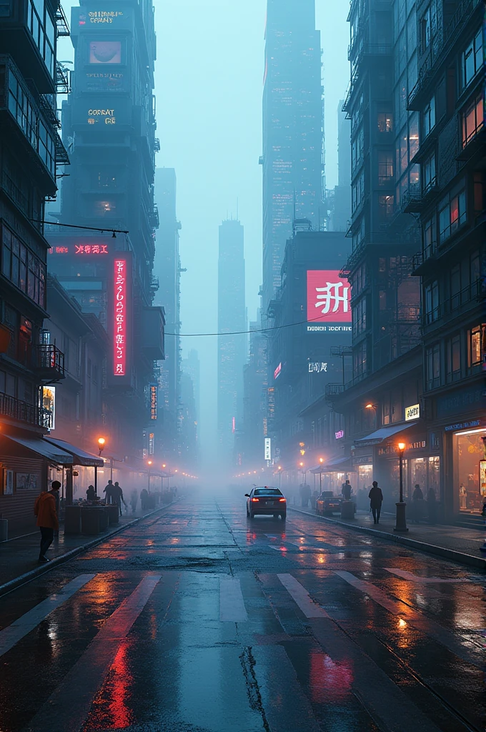 create an image of a dystopian future city, that opaque colors predominate, and have robotic elements. I need it to be a general image of the city