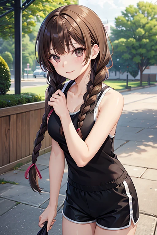 Yuno Shimazu、Shiny brown hair,Long Hair, 、((2 braids:1.5、Hair that falls over the shoulders)),Beautiful brown eyes、Sparkling eyes, Fine grain、smile、Ultra-detailed eyes、Highly detailed face, Highly detailed eyes,Cowboy Shot、
Highest quality、Beautiful Skin、Writing on the face、(Beautiful breasts 3),(Very thin、Tracksuit Shorts、Sexy Fashion、Tank top、、Schoolyard、、),