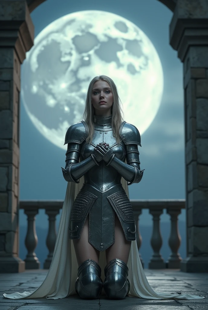 ((masterpiece, top quality, high resolution, highly detailed CG unified 8K wallpaper)), (huge stunning god shot, very hot and sexy, jaw dropping beauty, perfect proportions, beautiful body, slim body beauty:1.3),  Moonlit Confession, On the balcony of an old castle at night, a female knight crouches on one knee and gazes at you, A female knight in medieval armor, crouching on one knee, administers the knightly oath to you, a huge full moon in the background, lighting from behind, hands on her chest as she offers you the knight's oath, silver armor shining in the moonlight, front view,