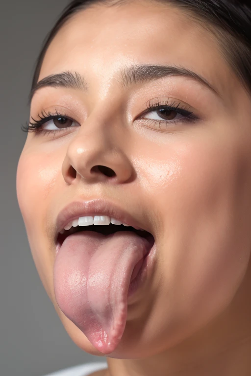 Taylor Hill、High resolution realistic photos,8k,Realistic skin texture,to be born々New People々々々々々,1 person,Tabletop,,Awards - Winning Photos, Very detailed, close your eyes, Nose and mouth,Face Focus, Extreme close up of face、口を開けてclose your eyesいる女性, Black camisole、20-year-old,Black-haired、Symmetrical face,Realistic nostrils、Angle from below、Elongated C-shaped nostrils,((Gray background))、Sweaty skin、汗でGlowing Skinを強調する照明、((Sharp Nose))Skin shiny with sweat、Glowing Skin、Sweaty hair、sunlight、(Brow wrinkles)((Frowning))(??? on tongue)、Deep Kiss、((Thin eyebrows))((Oily skin、Glowing Skin))、double eyelid、Wet and shiny tongue、Tied Hair、Updo、Lift your head(((Long Tongue, Saliva trace)))((Super wet skin))((nasal septumの見えるprofile,nasal septum,profile))