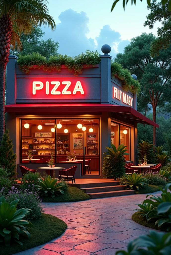 modern pizza restaurant outdoor green with plants and trees with neon sign in the front of building