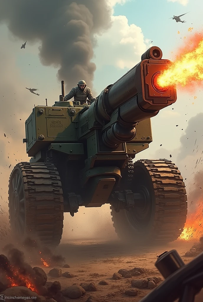 A Colt-type pistol mounted on a tank-like chassis with caterpillar tracks, a massive weapon of destruction, fires from its muzzle as it flies low over the battlefield.。Explosion and destruction、Blow away enemy camp、Gun-shaped vehicle、