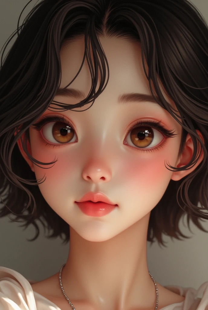 almond shaped beautiful brown eyes, long lashes, prominent nose, pink cheeks with cheek bone and tiny dimple, pouty pink lips, softer round face with dark brown short hair her smile is cute