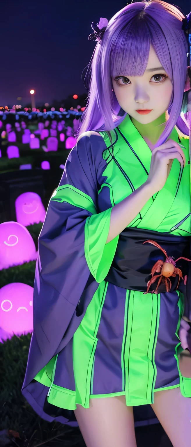 Cute Ghost Idol Girl、whole body、Good style、、、、、、、、、、Thick legs、Spider-infested kimono dress(fluorescent purple and green)、Cool girl face、、、A graveyard glowing at night