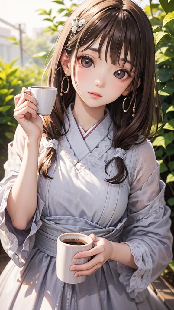 A young girl is holding a coffee cup in her hand, Girl cute beautiful face, Cute natural anime face, With a cute - lovely - face, sakimi chan, Chiho, Yoshitomo Nara, Young and pretty face, Beautiful Japanese girl face, Brown hair and big eyes, pretty girl, Beautiful light、Big eyes