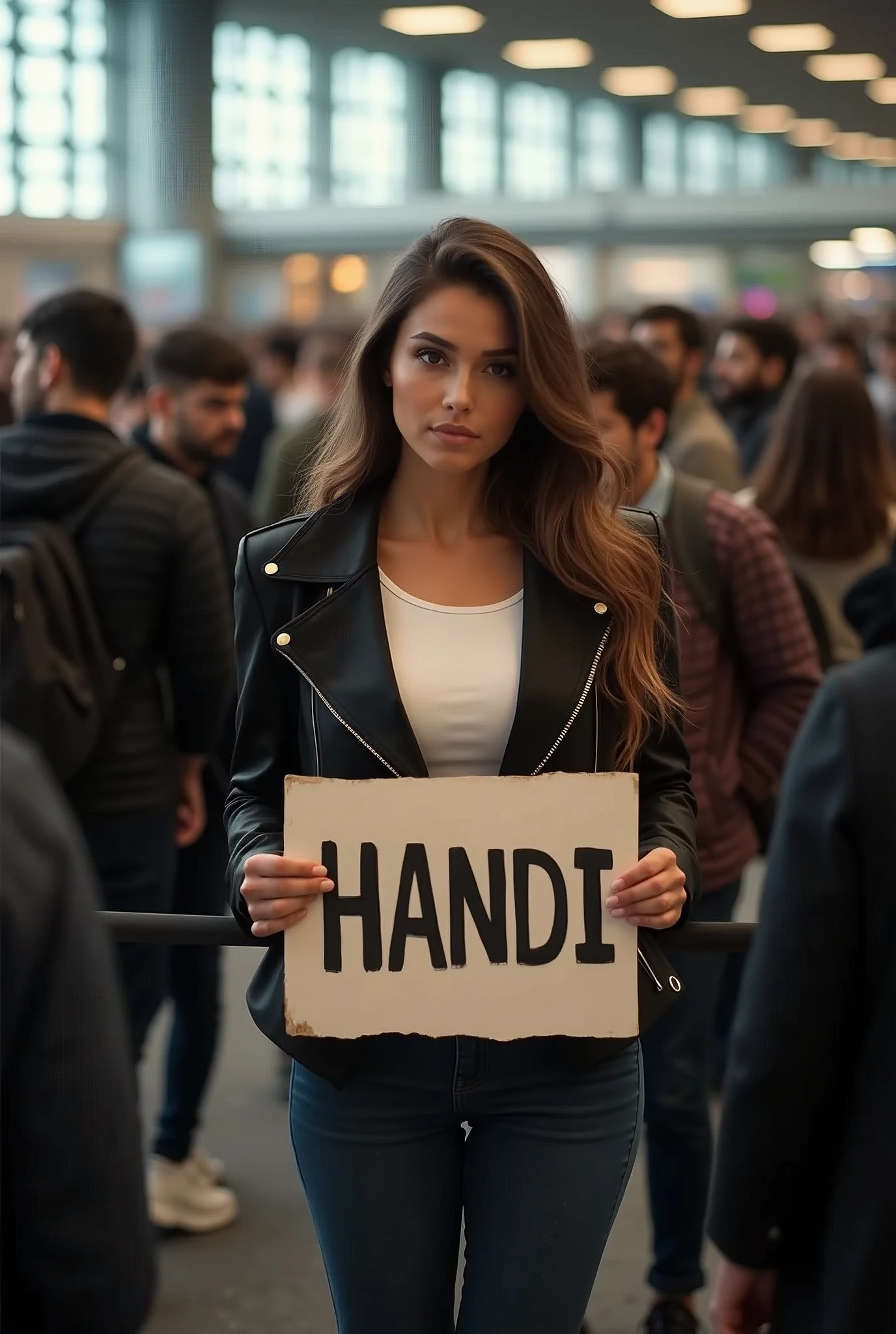detailed, concentrated, Professional lighting, Very beautiful women, airport, long hair, curve body, black thight jacket white t-shirts and jeans, Full body image, Take a crowded line, Standing in the airport waiting for somebody, Holding the large papper with text HANDI, Crowded inside the airport, Surrounded by men and women, the lights from the window on her face.