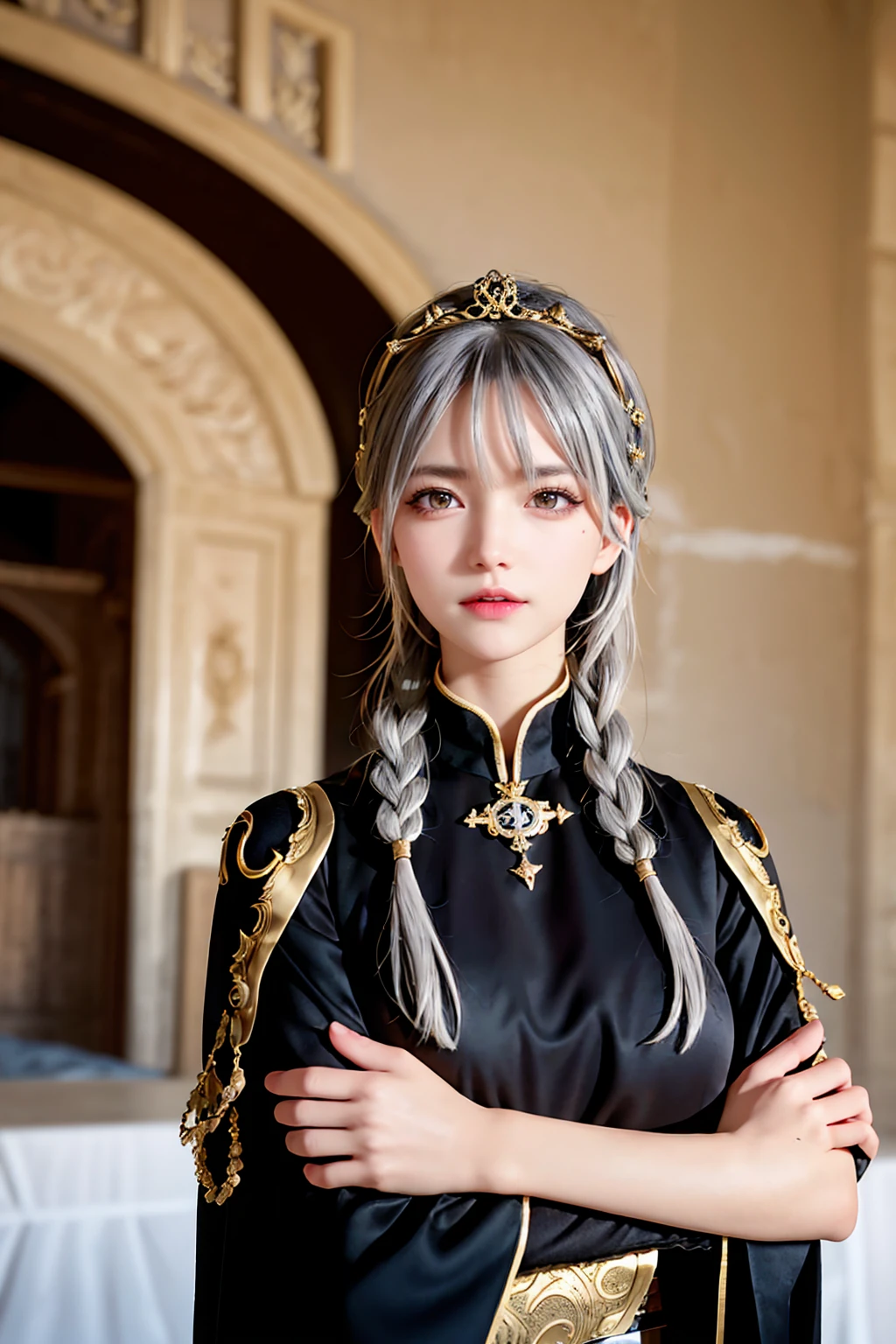 Highest quality, masterpiece,Gray Hair, Golden Eyes,medieval black dress, look up, Upper Body,hair,Fair skin,Side braid、Inside the medieval castle
