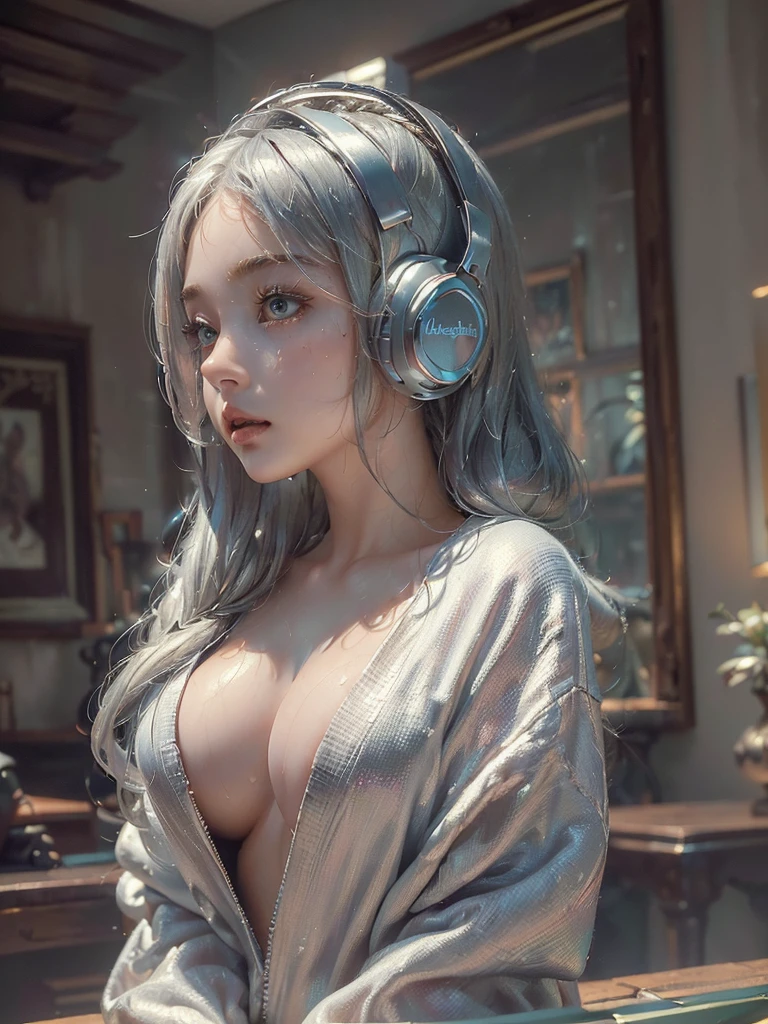 ((face, style)).((masterpiece:1.5))((1 girl, alone、Woman wearing giant headphones:1.weat、Detailed face、Big Eyes、small breleavage、ot, Best Looks、Ultimate beauty、Shiny silver hair with highlights、Modern Hairstyles))(night、indoors, dark room, pc)、Beautiful profile, Wearing Headphones, naked hoodie