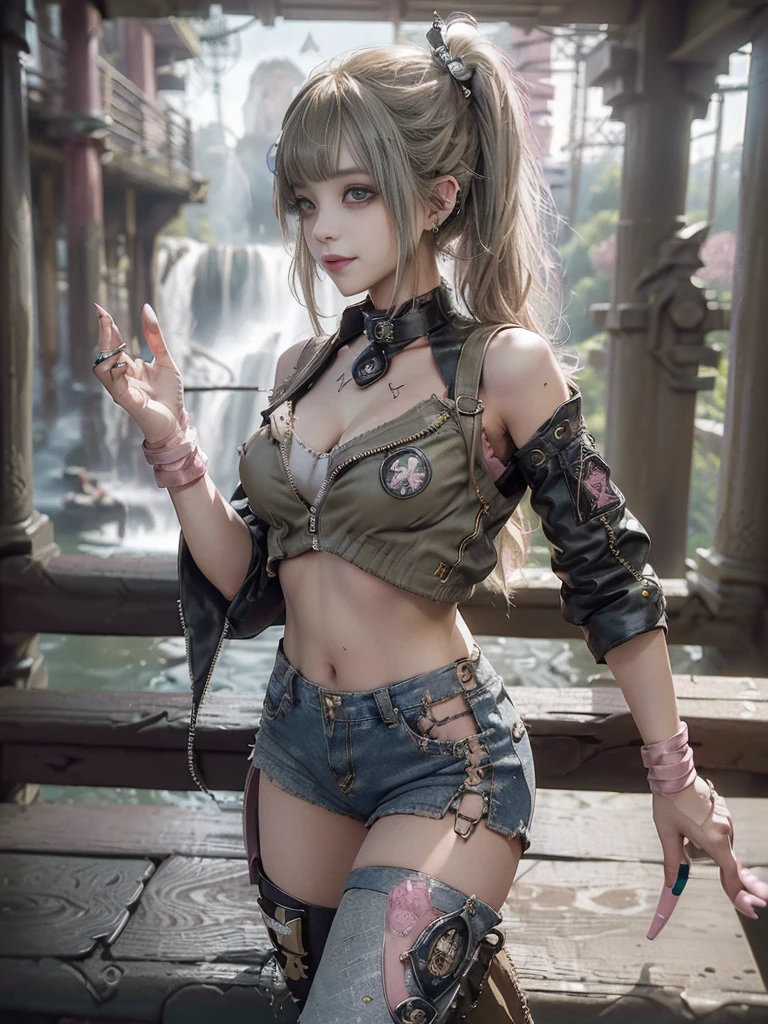 (Full Body View:1.4)、(Side view:1.3)、(Smiling with teeth showing:1.3),(Shibuya Gal:1.5)、(Beautiful:1.5)、(Punk RockVisual Kei:1.4)、(Yellow denim with khaki and brown medieval tattered zip up:1.5)、(Pink arm covers and tattered bugle pants:1.5)、(Denim colored high heels:1.3)、(Wearing silver accessories:1.5)、(Pink collar:1.4)、(Leather garter belt:1.4)、(Pink skin belt:1.3)、(Olive-colored lace underwear:1.5)、30 years old、NSFW、((Highest quality、In 8K、masterpiece:1.3))、Sharp focus:1.2、(Layered Cut、Huge boobs:1.1),Beautiful woman with perfect figure:1.4、(Doing an aerobics pose:1.3)、Slender Abs:1.2、Highly detailed face and skin texture、Detailed eyes、double eyelid,(Twin tails:1.3)、(Brown-golden hair:1.3)、Gravure idol、(A fairytale palace with a beautiful vast waterfall in the background:1.3)、(Slim Body:1.3),(Make your legs thinner:1.4),(Thin, thin thighs:1.3)、（clavicle:1.1）