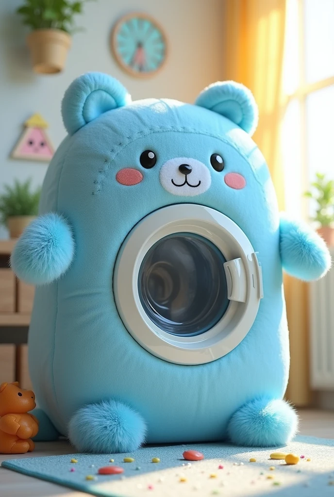 Washing machine with a blue plush toy design