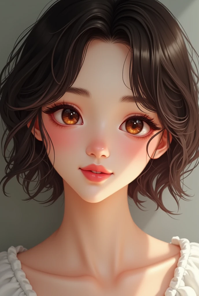 almond shaped beautiful brown eyes, long lashes, prominent nose, pink cheeks with cheek bone and tiny dimple, pouty pink lips, softer round face with dark brown short hair her smile is cute