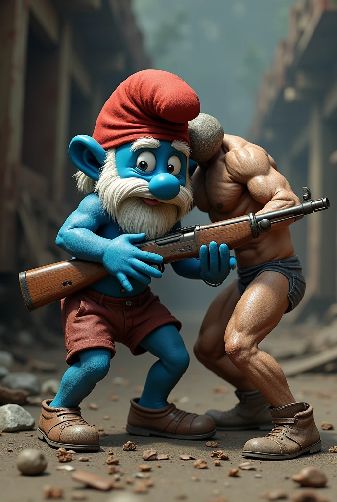 Player from the video game rust as grandpa smurf with a white beard and an ak-47 getting hit on the head by a naked character with the starting rock and dying