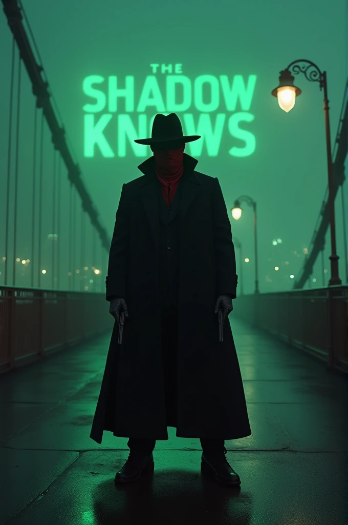 A cinematic captivating noir scene featuring a man in a black trenchcoat and cape, black hat, and a menacing red scarf concealing his mouth. He stands on a fog-shrouded NYC bridge at night, pistols in hand, with the city's iconic skyline glimmering in the distance; The Shadow Knows iconic green text effects logo.