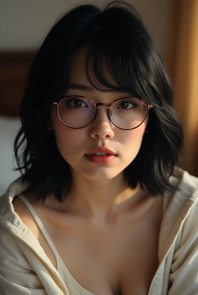 realistic white sexy girl with black short straight hair, rounded glasses, casual clothes, in a bedroom, detailed eyes, detailed lips, extremely detailed face and features, 1girl, beautiful, cinematic, masterpiece, photorealistic, hyper detailed, 8k, sharp focus, high quality, vivid colors, dramatic lighting