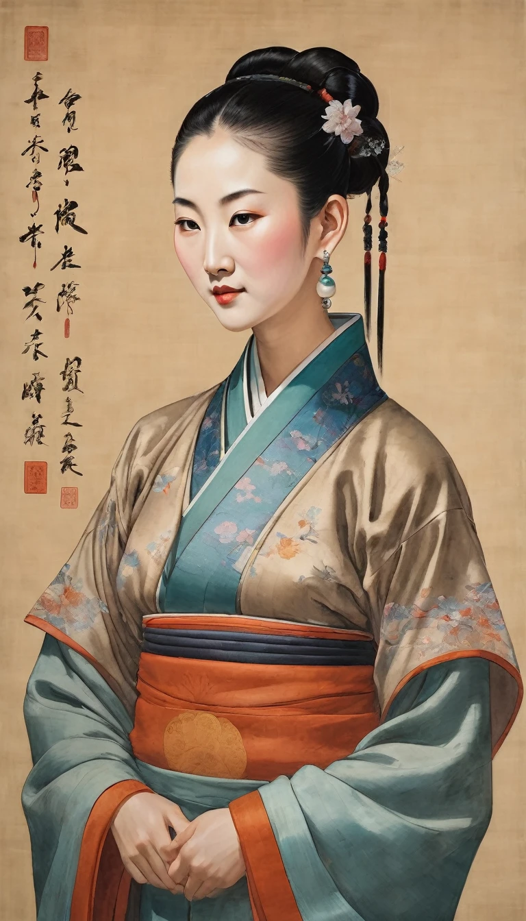 Ancient Chinese painting, a portrait of an ancient woman with hair up in two braids wearing pearl earrings, a colored lead painting depicting Tang Dynasty costumes and featuring the character from head to toe with meticulous depictions of facial expressions and postures against a light brown background in the style of Song Huizong, with meticulous brushwork in the style of Song foxes in . --ar 3:4